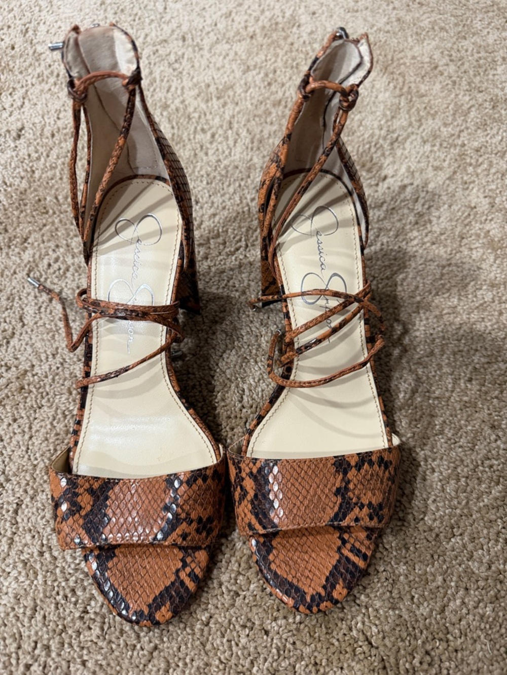 Jessica Simpson Tan & Black Snake-Print Lace-Up Heels
